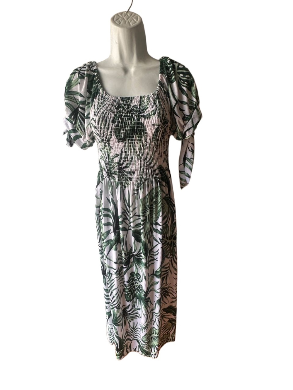 Seven Islands Green Palm Leaf Tropical Smocked Midi Dress Puff Sleeve Tie Size L
